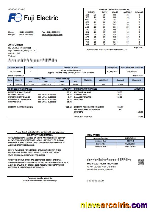 Vietnam Fuji Electric Vietnam Co utility bill